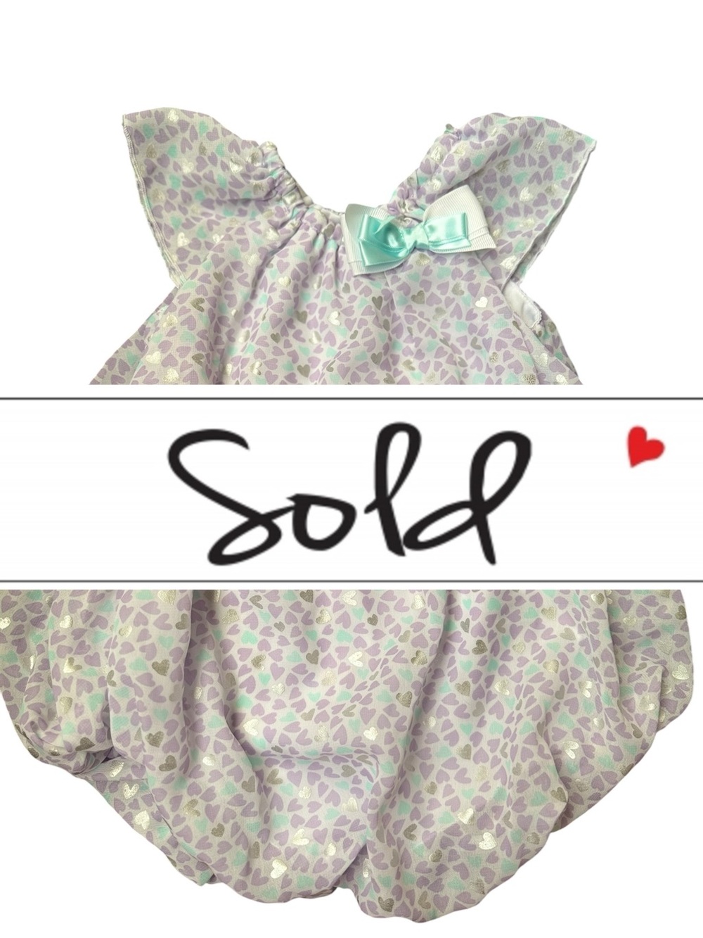 NWOT Baby Essentials Lavender Silver Heart Flutter Sleeve Bubble Romper 9M